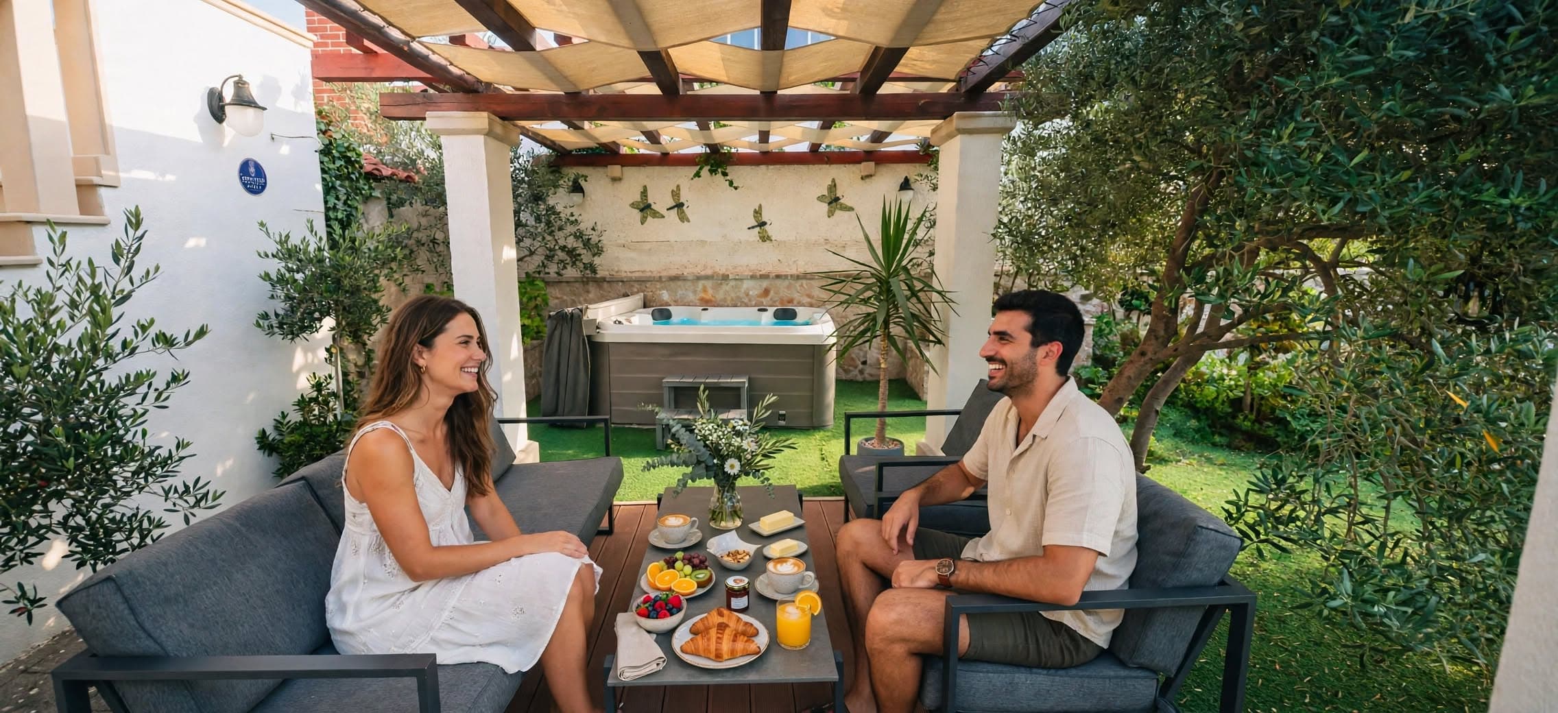 Breakfast in the garden under the pergola