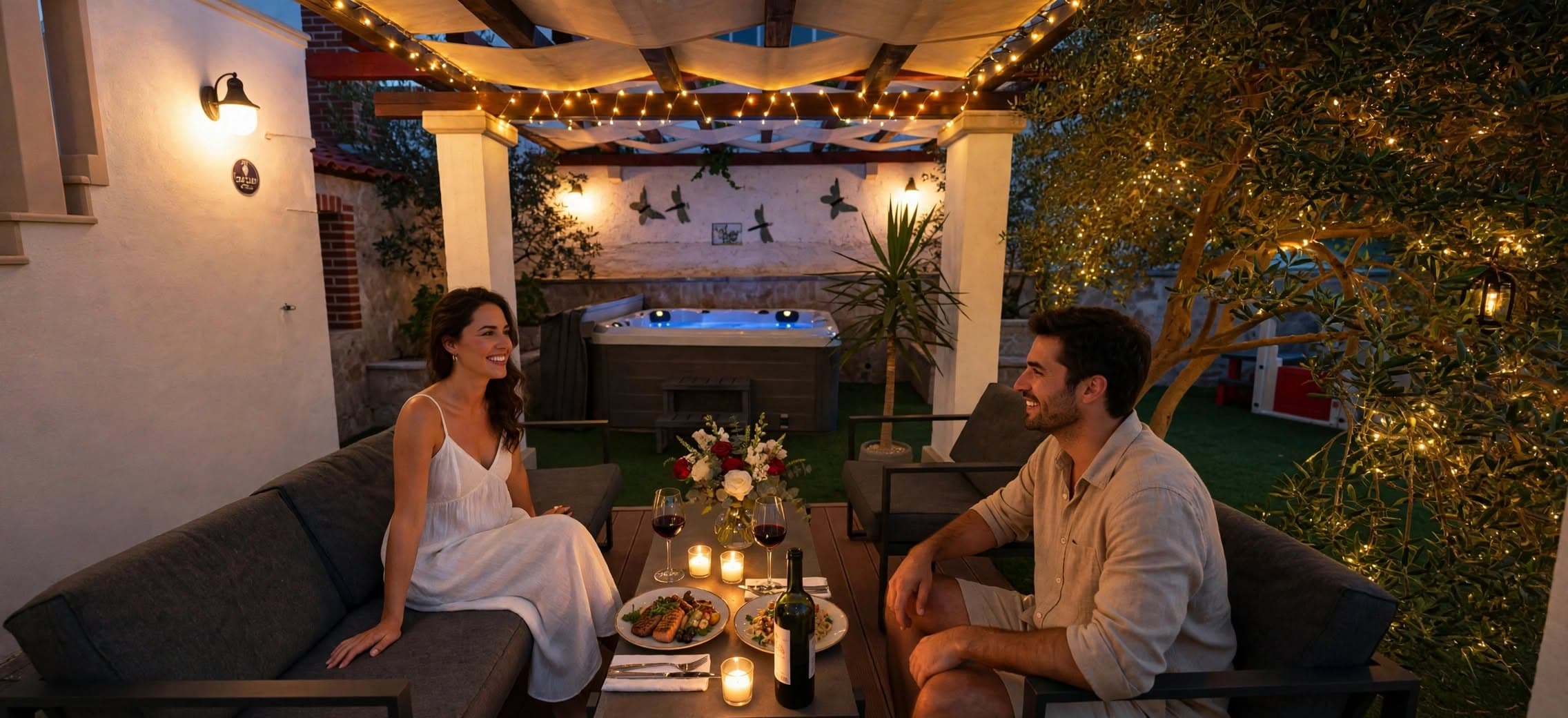 Dinner for two under string lights
