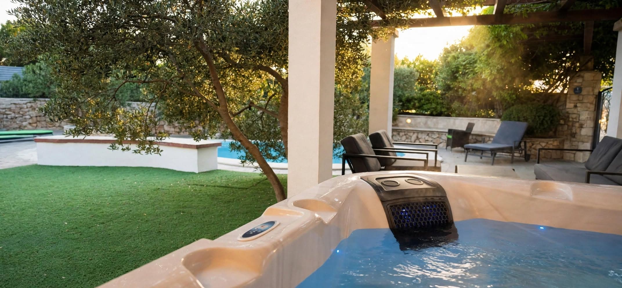 Hot tub overlooking the garden and pool