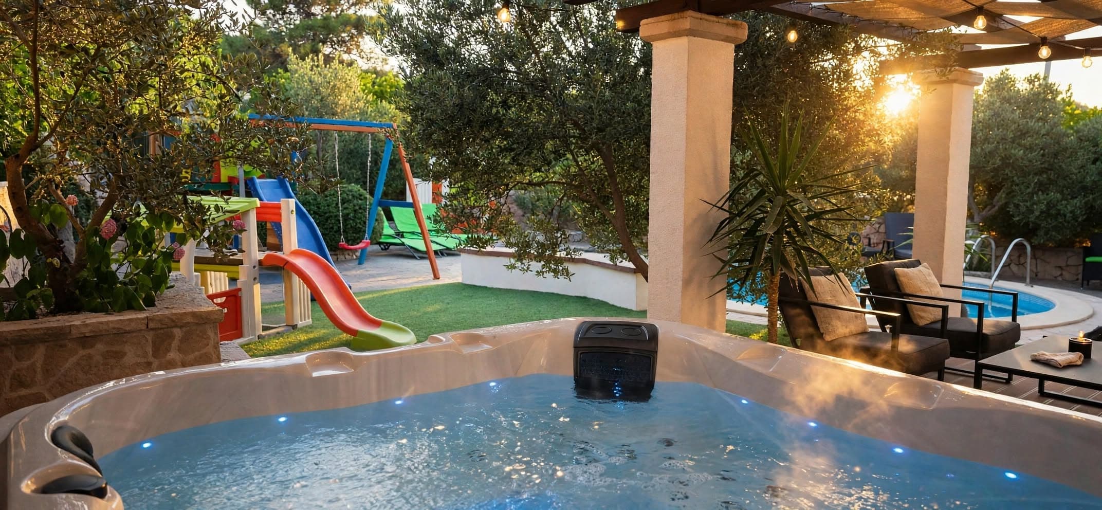 Hot tub with a view of the playground and pool