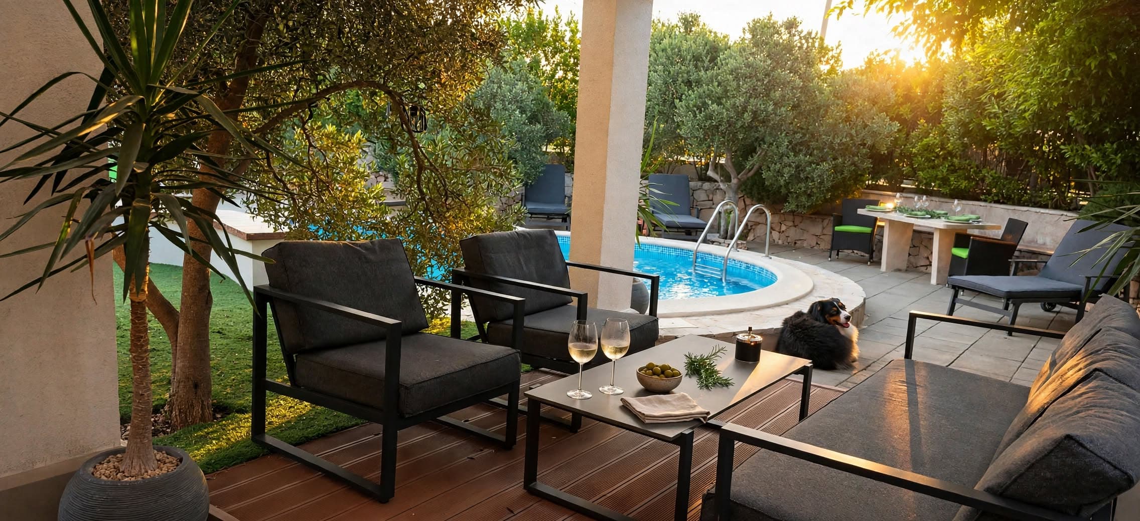 Outdoor lounge by the pool at sunset
