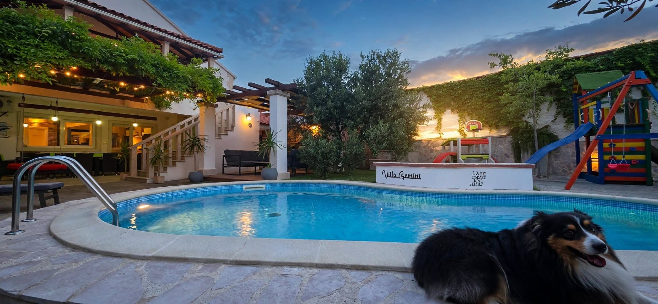 The pool and house at dusk, with a dog in front