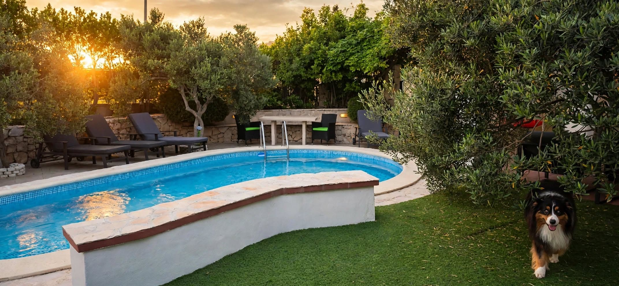 The pool at sunset, with a dog on the lawn